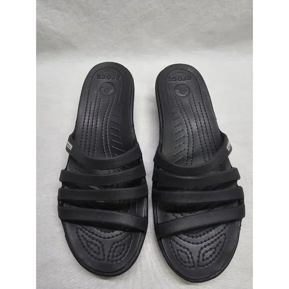 Crocs Rhonda Wedge Sandals Slip-On Strappy Slides Open Toe Black Women's Size 8 - Picture 3 of 10